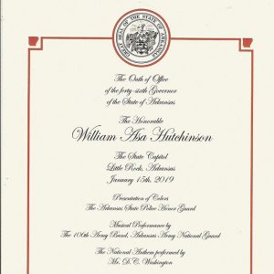 Formal invitation with Arkansas State Seal red border and cursive text