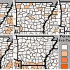 Five maps of Arkansas with shaded in counties