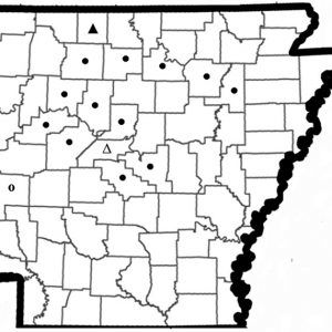 Map of Arkansas counties with black dots and triangles on it