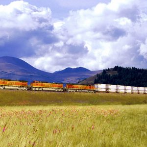 train crossing field with hills in background