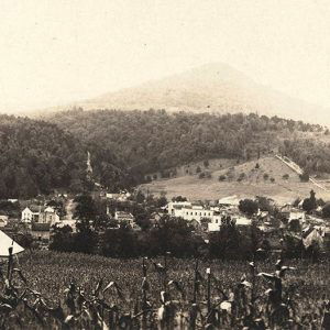 Town buildings and houses in tree covered country side with barn and corn field in the foreground