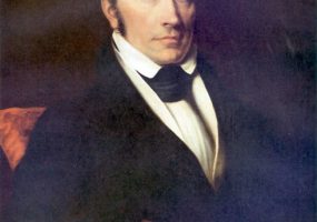 Portrait painting white man seated in suit with short curly hair side burns