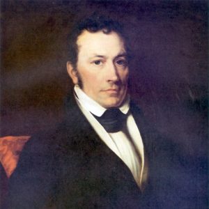 Portrait painting white man seated in suit with short curly hair side burns