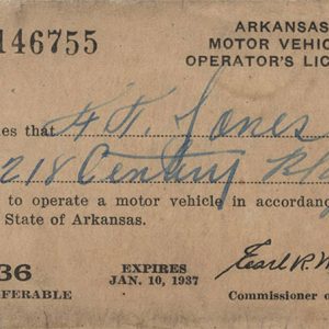 Worn paper Arkansas driver's license for "F. T. Jones"