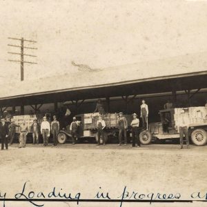 White men loading posing with laden trucks parked under covered shelter