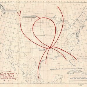 Map of the United States with red lines showing radio station coverage areas