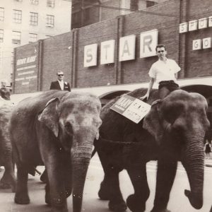 Two white men riding elephants through town