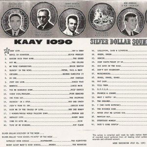 Portraits of white men on "K.A.A.Y. 1090 Silver Dollar Sound Survey" with typed listings on paper