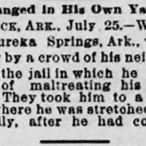 "Hanged in his own yard" newspaper article