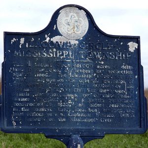 Weathered "Laconia Circle Mississippi Township" historical marker sign