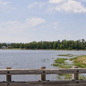 Wooden fence and lake with trees and house in the distance