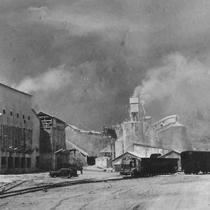 Multistory industrial buildings and silos with train