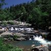 White visitors swimming in a pool below a waterfall