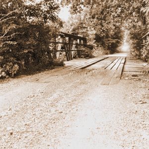 View looking across steel truss bridge with wooden platform