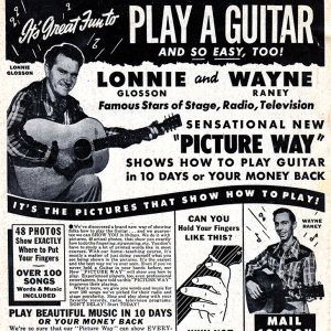 Ad with black and white text showing two white men playing acoustic guitar