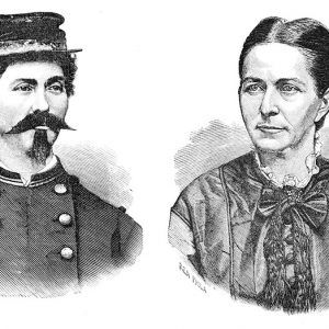 Drawing of person with mustache in military uniform next to woman in dress