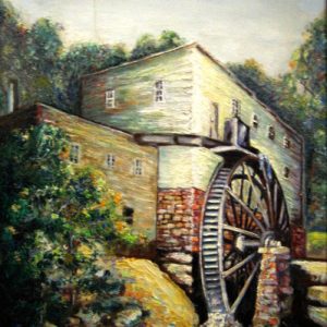 Multistory mill building with water wheel