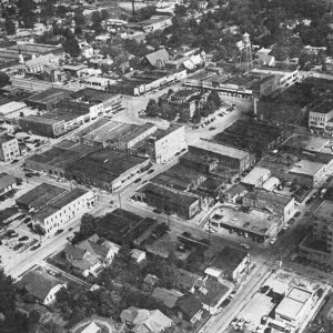 Multistory buildings on city streets as seen from above