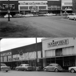 Top photo shows "Barnes Mercantile & Drug Store" with parking lot Bottom photo shows street with "Mansfield Auto and Frozen Food company" sign