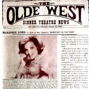 White woman using telephone on front page of "The Olde West" dinner theater newsletter