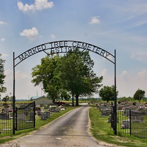 Rural cemetery with iron arch gate and trees in the background