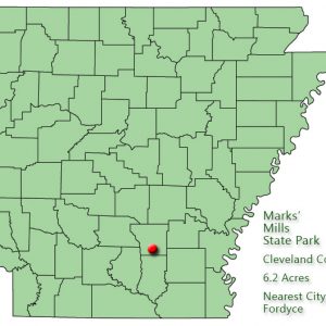 Map of Arkansas with red dot in Cleveland County and explanation in green text