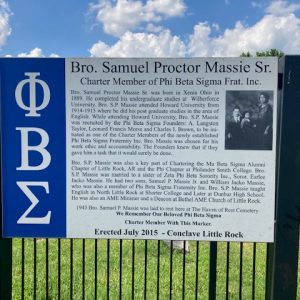 "Brother Samuel Proctor Massie Senior" interpretation panel with photograph and Greek letters on it