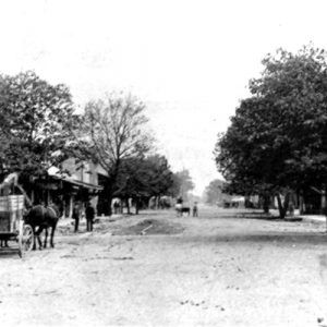 Horse-drawn cart parked on a street lined with buildings and trees