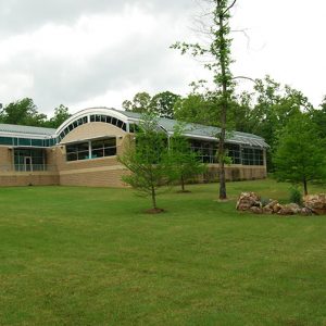 Brick building on hillside with hemispherical roofs and skylight windows