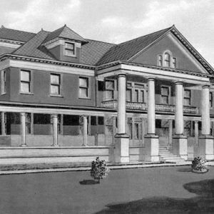 Black and white drawing of a three-story building with columned entrances on at least two sides and a wrap-around covered porch