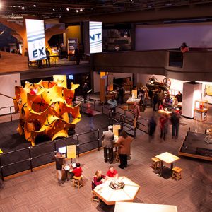 Patrons looking at exhibits inside multistory museum space