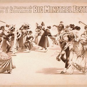 Cartoon African-American men and women dancing on minstrel show poster