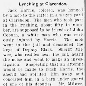 "Lynching at Clarendon" newspaper clipping