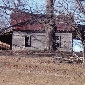 Abandoned single-story house with rusted metal roof under trees