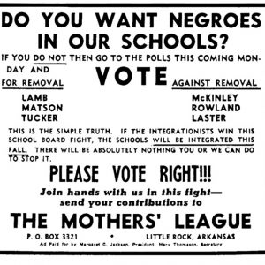 Election flyer reading "Do you want negroes in our schools?" by "The Mothers' League"