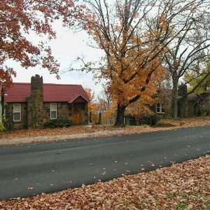 Small stone cottages on street with autumn trees on both sides