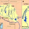 River tributaries on map of Oklahoma Arkansas and Texas