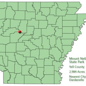 map outlining Arkansas counties with red pin in northwest quadrant