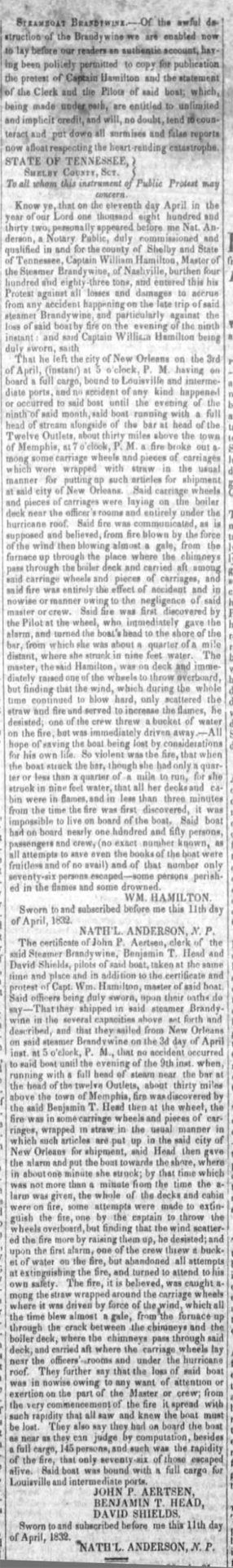 "Steamboat Brandywine" newspaper clipping