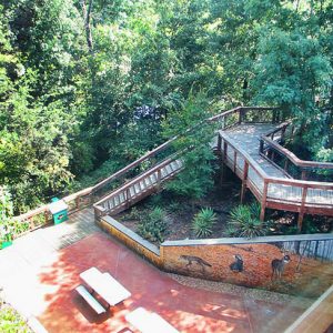 Looking over balcony at outdoor picnic table on concrete floor with raised deck walking path in wooded area