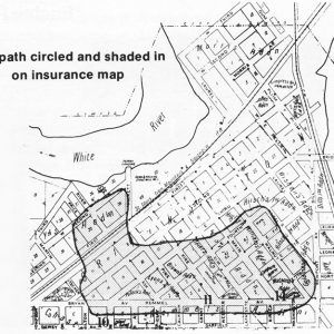 Town map with area affected by fire shaded in