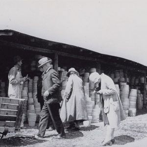 Men and women at open air structure filled with pots