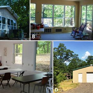 Single-story building interiors and outbuilding with corresponding letters