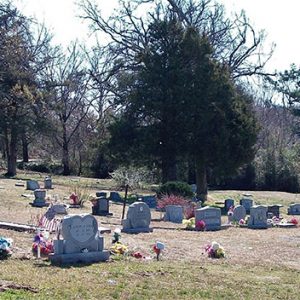 Gravestones in cemetery with trees in the background