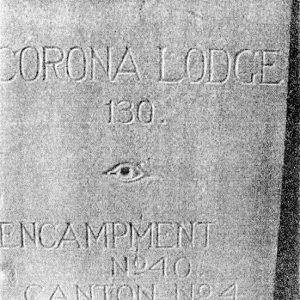 "Corona Lodge 130 Encampment Number 40 Canton Number 4" engraved cornerstone in brick wall