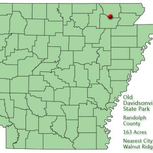 map outlining Arkansas counties with red pin in northeast quadrant