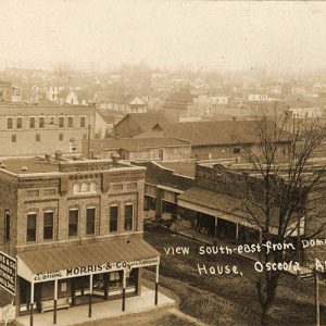 View of multistory and single-story buildings on town streets from dome of court house building