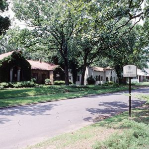 Brick house with ivy and white stucco house on street with trees and sign