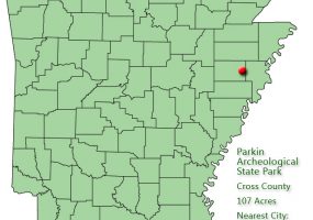map outlining Arkansas counties with red pin in northeastern quadrant