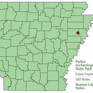 map outlining Arkansas counties with red pin in northeastern quadrant